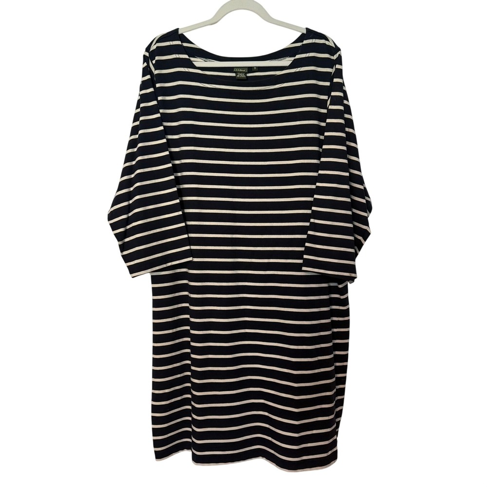 LL‎ BEAN XL Petite Dress Boatneck Striped Navy Sea Salt Nautical Cotton Classic